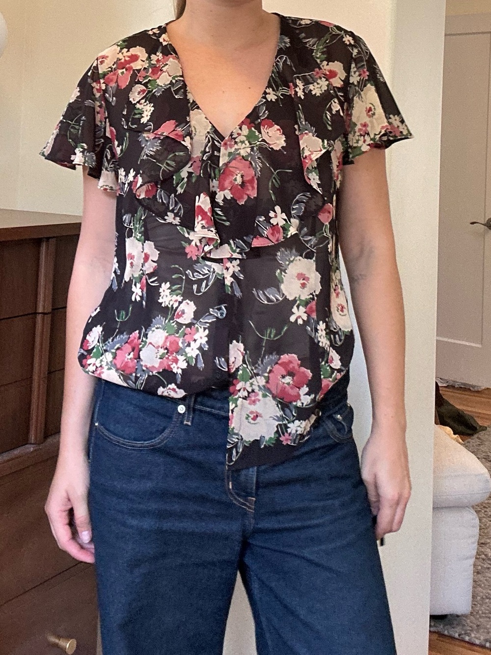 Vintage Chaps Black Floral V-Neck Ruffle Blouse